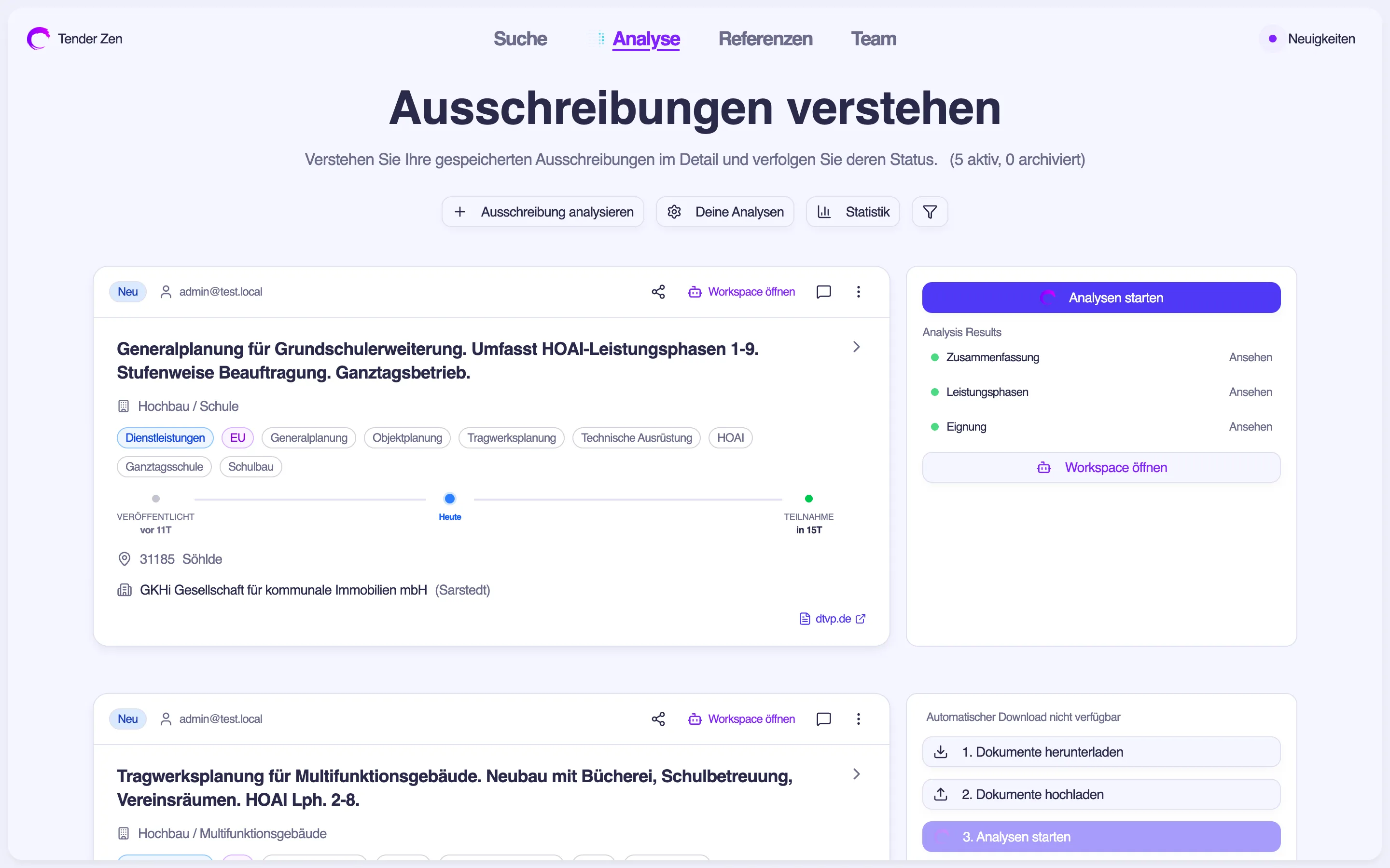 Die Ausschreibungsliste unter "Analyse" mit Pipeline-Status, Dokumenten-Schritten und Aktionen