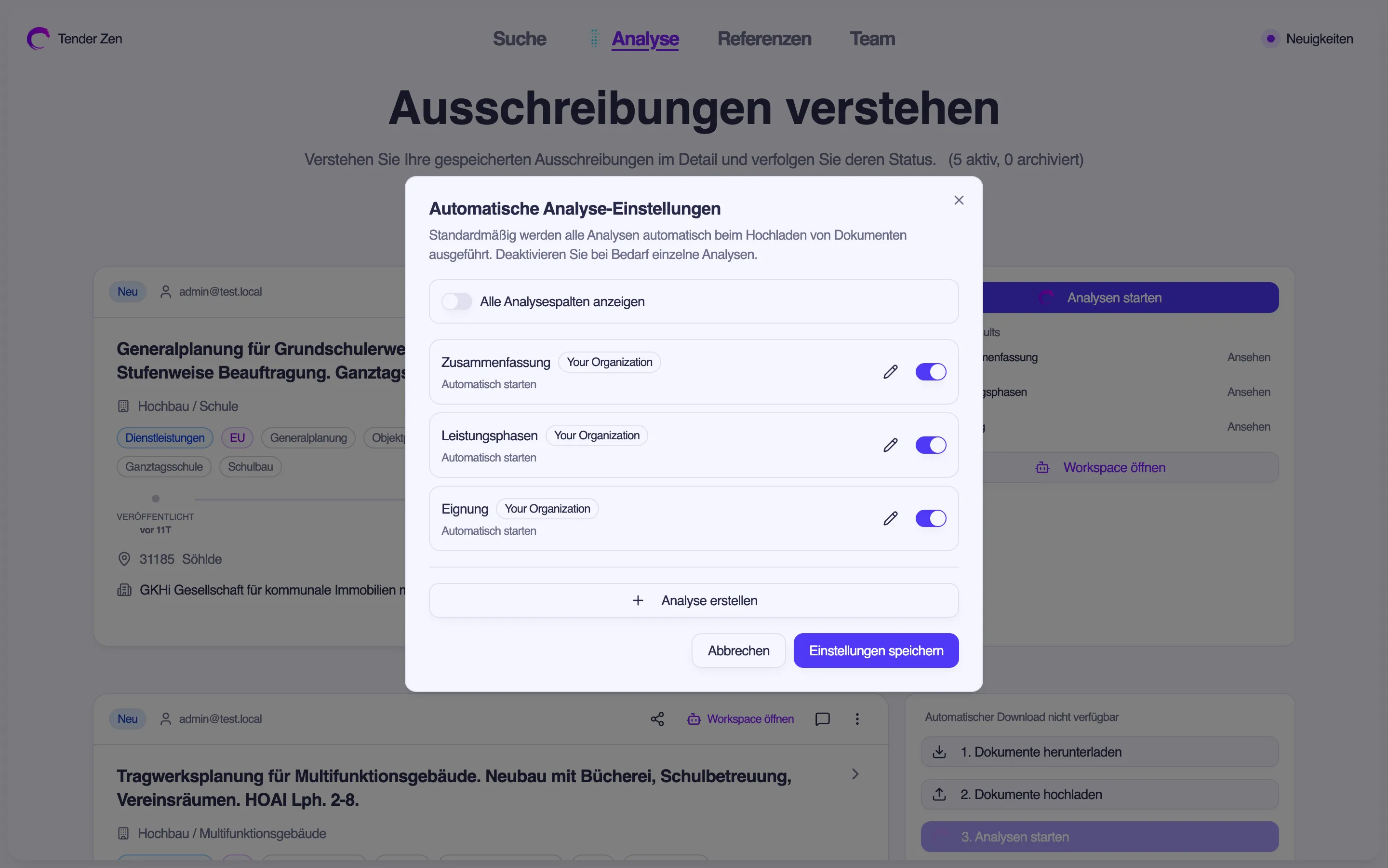 Der Dialog "Automatische Analyse-Einstellungen" mit vorhandenen Analysen und der Option, neue zu erstellen