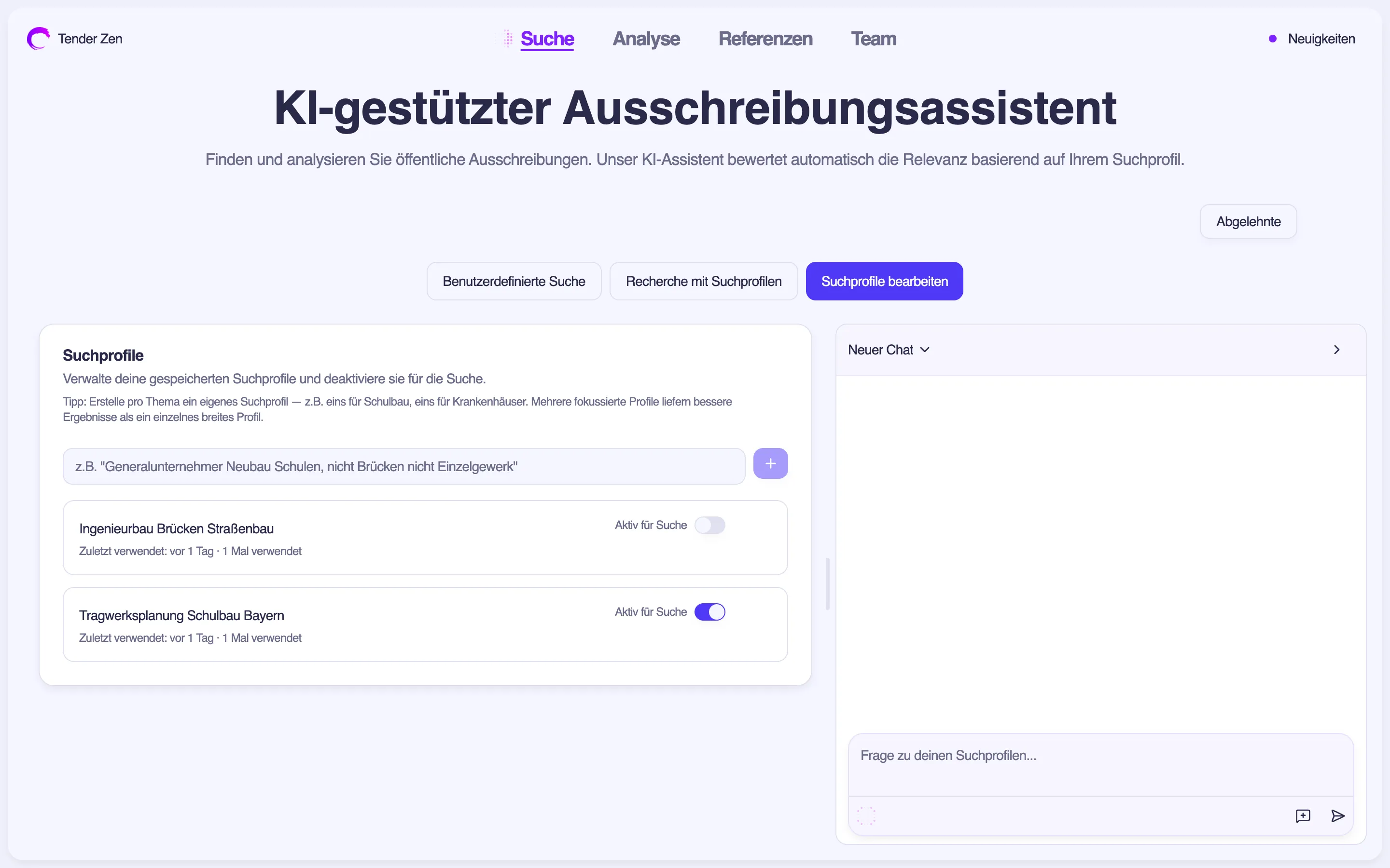 Die Suchprofile-Seite mit Profilliste links und KI-Chat rechts