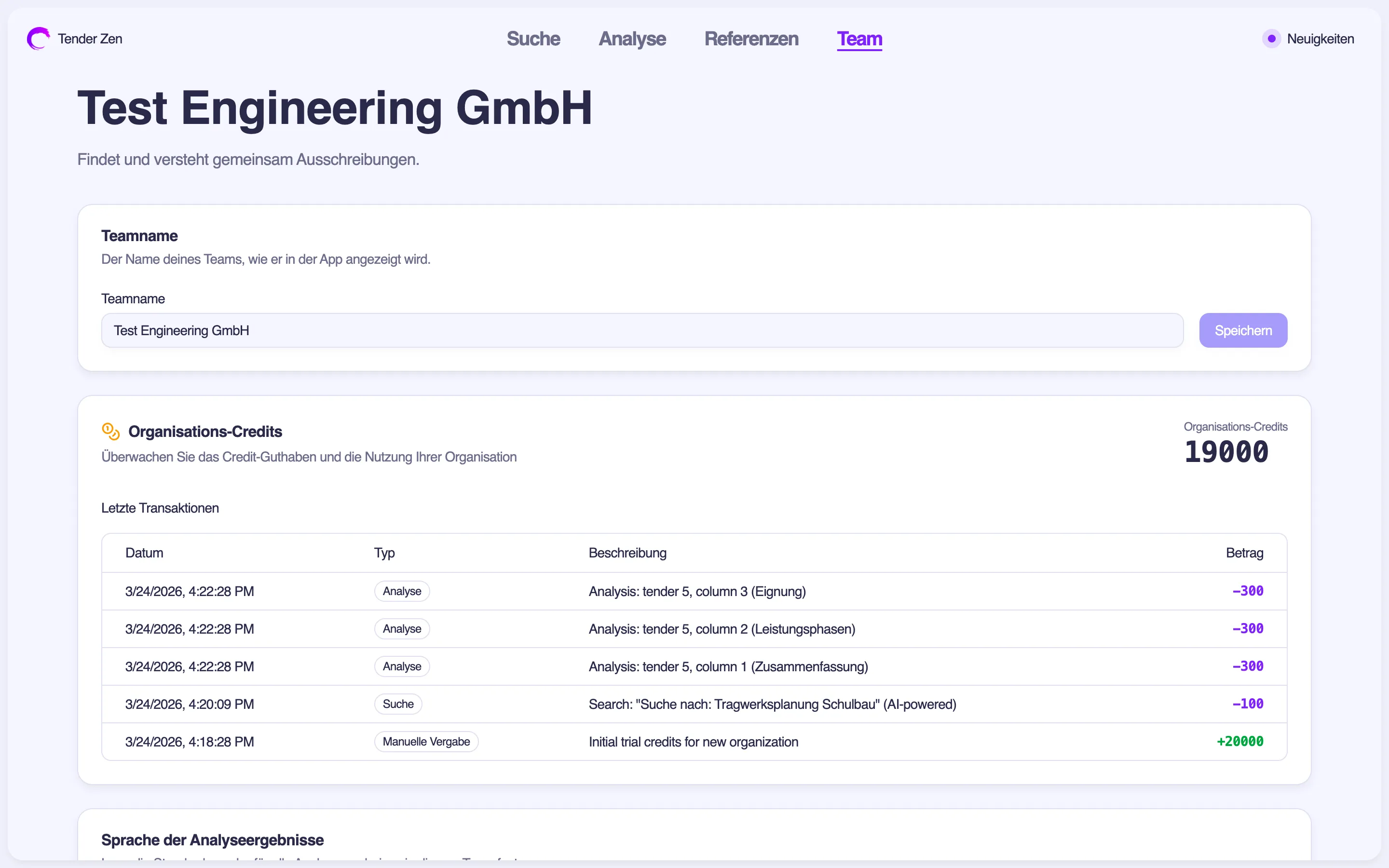 Die Team-Einstellungen mit Credits, Mitgliederverwaltung und Spracheinstellungen